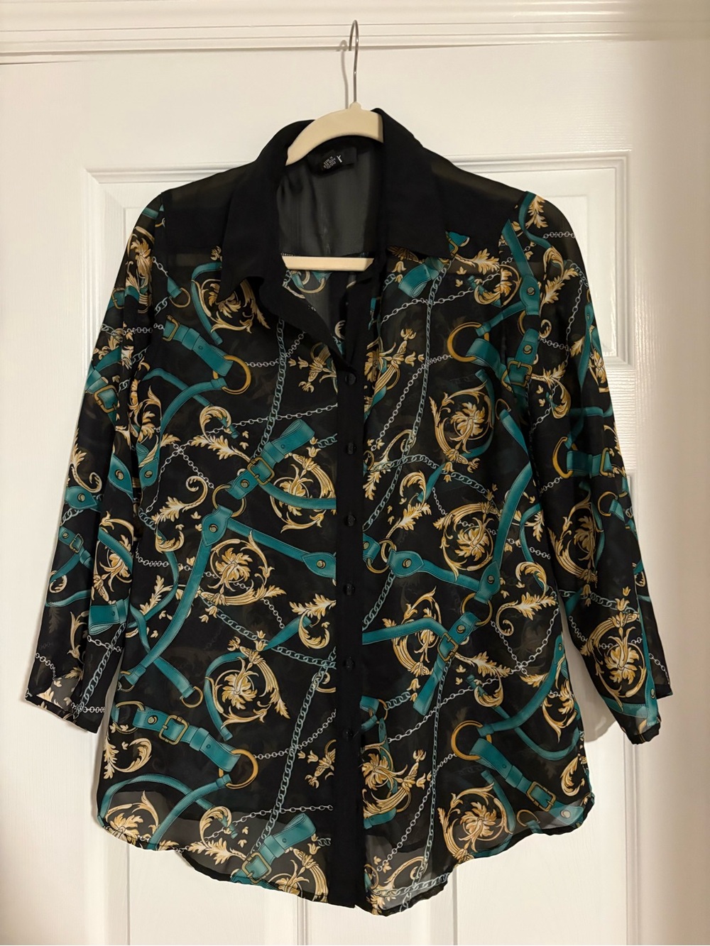 Womens Black Sheer Chain-Print Button Front Shirt Jacket